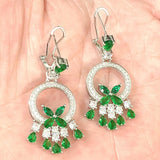Emerald-Green CZ Leaf Circle Drop Earrings
