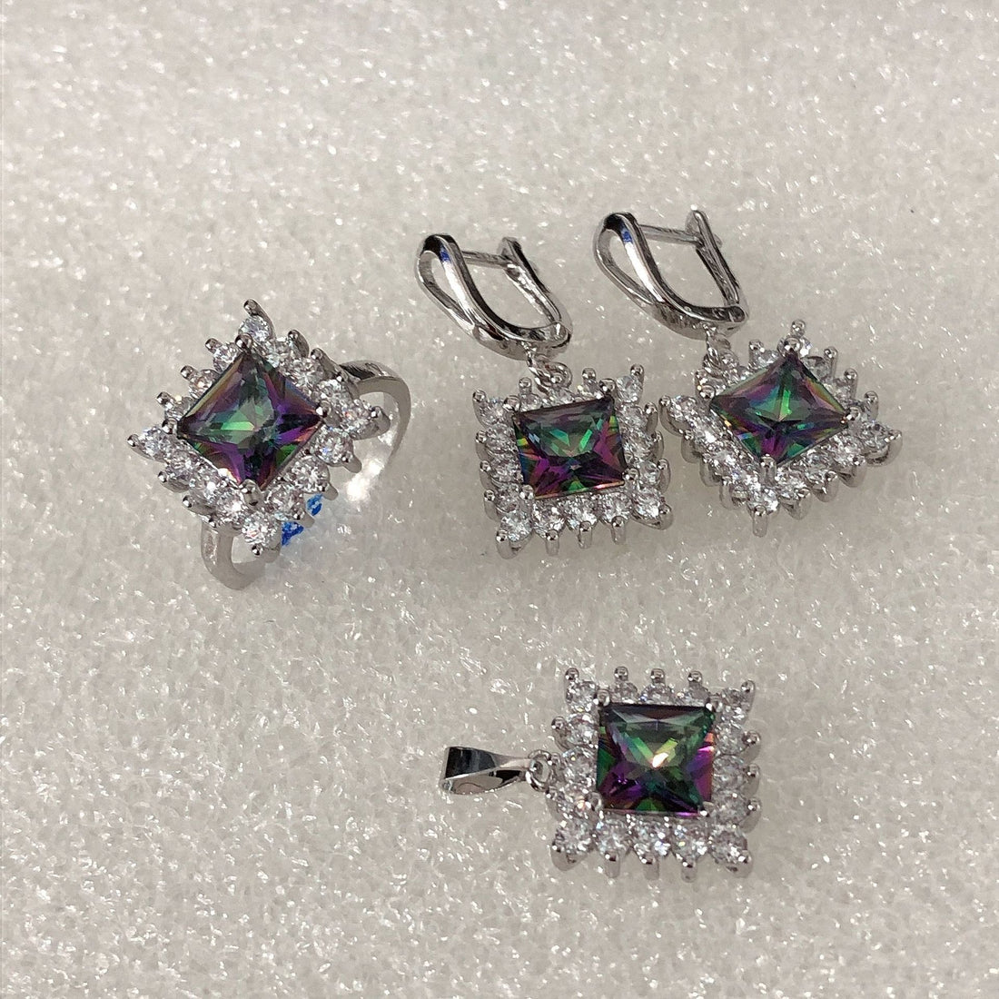 Rainbow Mystic Princess CZ Halo Jewelry Set