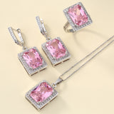 Pink Emerald-Cut CZ Halo Jewelry Set
