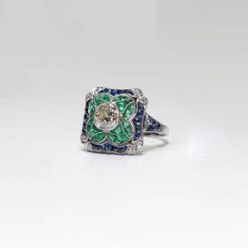 Art Deco Square Green Blue CZ Halo Ring