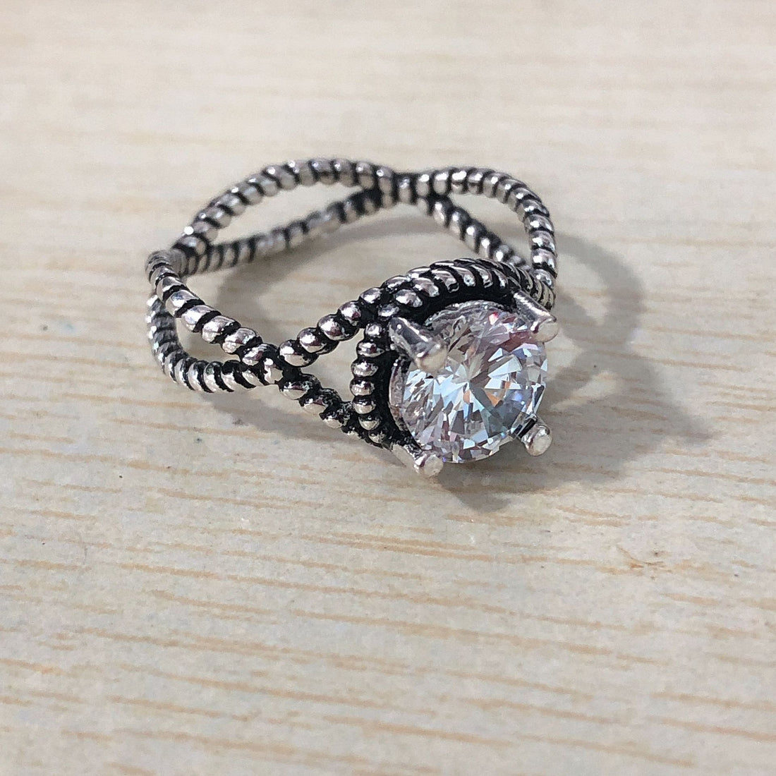 Round CZ Oxidized Braided Twist Ring