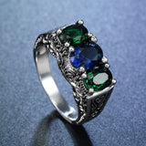 Green and Blue Three-Stone Filigree Ring