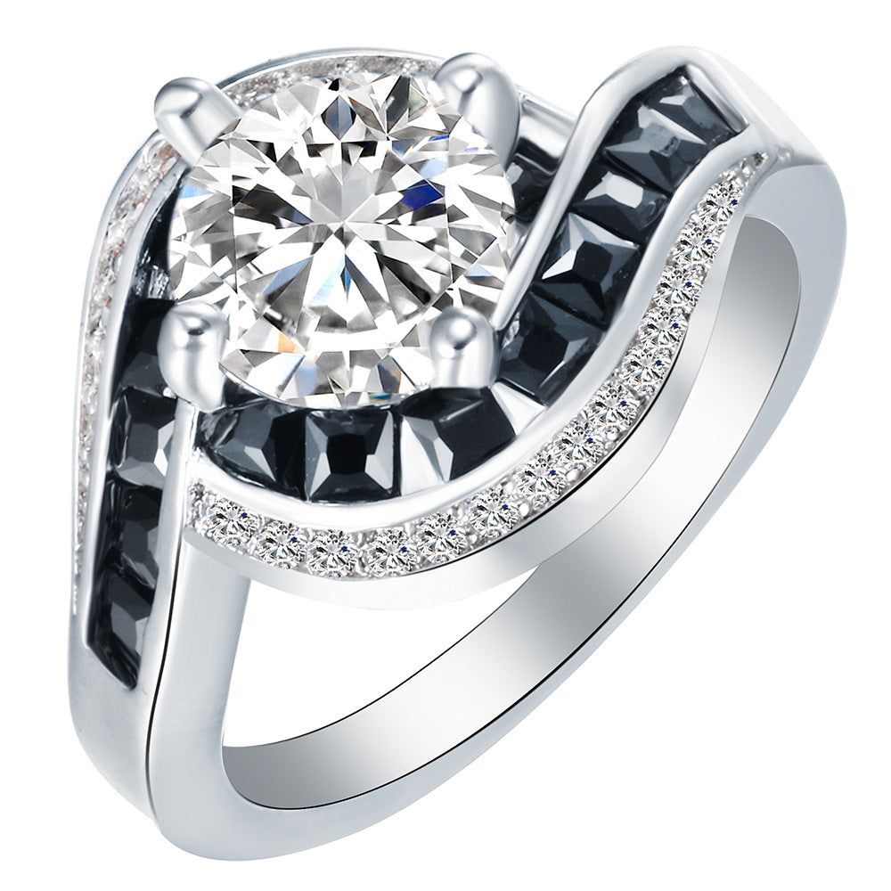 Round CZ Solitaire Black Channel Swirl Ring
