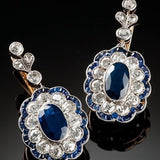 Sapphire-Blue Oval CZ Flower Halo Drop Earrings
