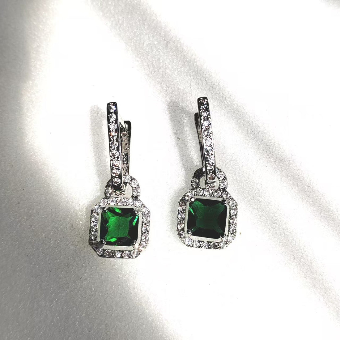 Emerald-Green Square CZ Halo Drop Earrings