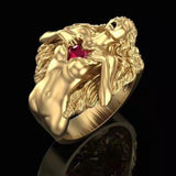 Gold-Tone Lion Figure Red CZ Ring