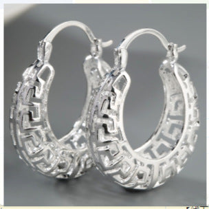 Silver Greek Key Openwork Hoop Earrings