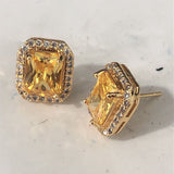 Yellow Emerald-Cut CZ Halo Gold Stud Earrings