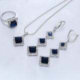 Sapphire-Blue Square CZ Tiered Drop Jewelry Set