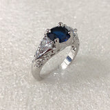 Sapphire-Blue Oval CZ Engraved Shoulder Ring