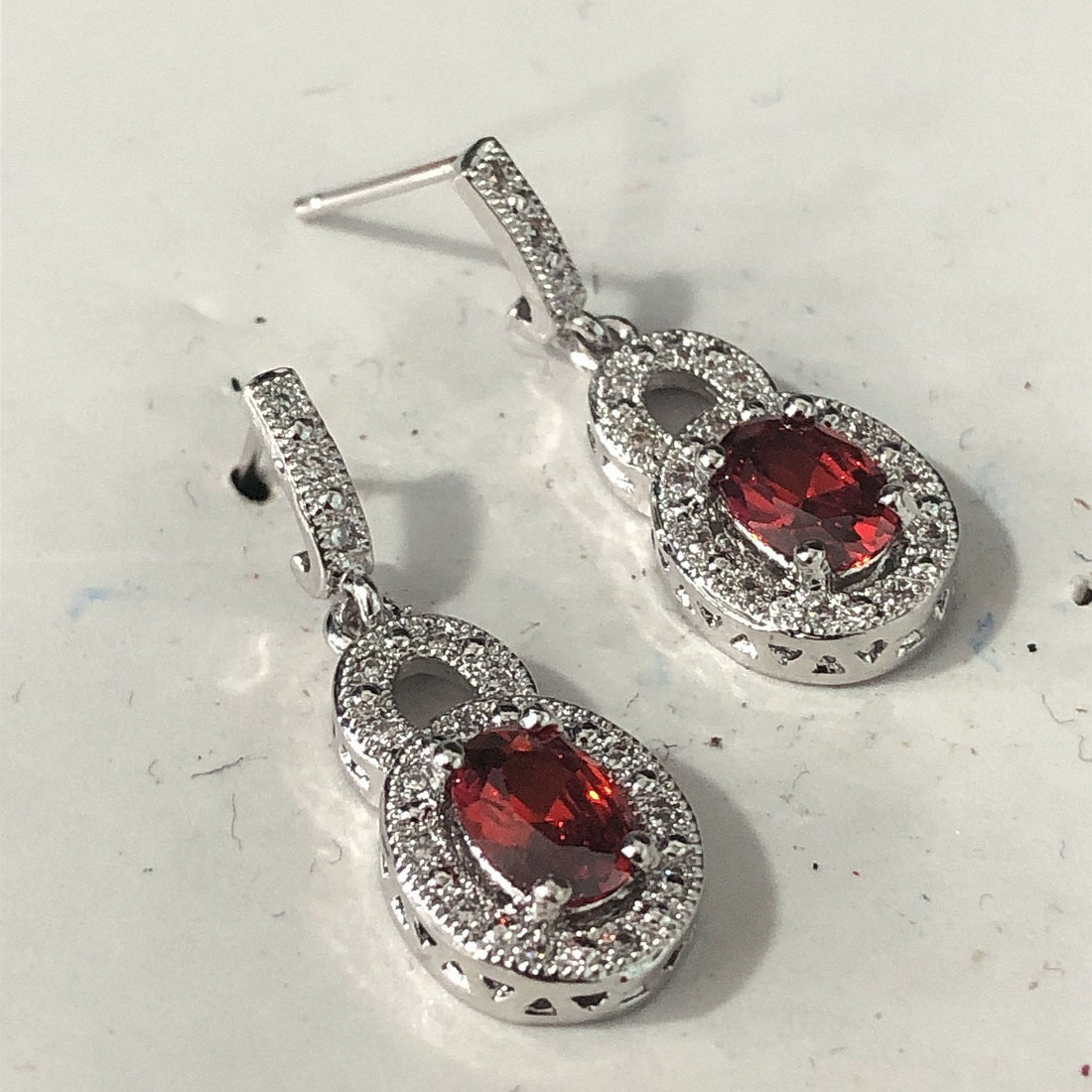 Red Oval CZ Openwork Halo Drop Earrings