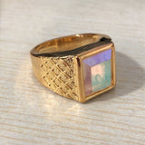Rainbow Mystic Rectangle CZ Gold-Tone Signet Ring