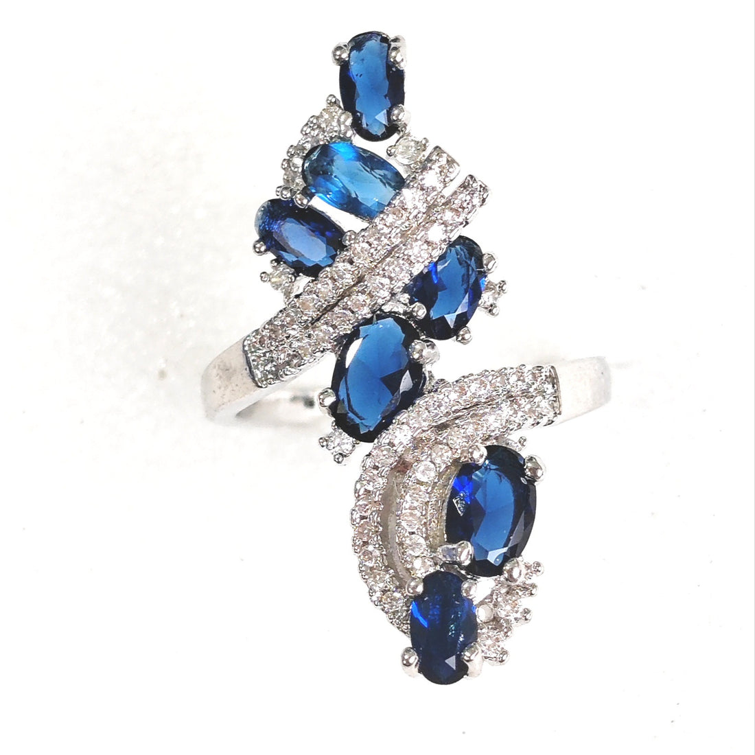 Sapphire-Blue Oval CZ Cascade Bypass Ring