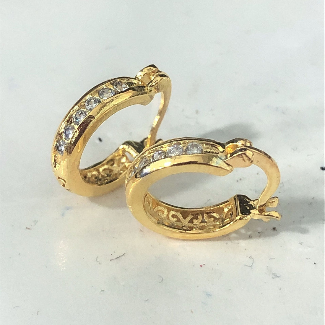 Gold Pavé CZ Filigree Huggie Hoop Earrings