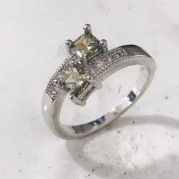 Olive-Green Square CZ Two-Stone Bypass Ring