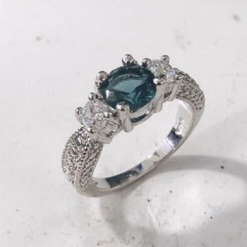 Teal Round CZ Three-Stone Pavé Ring