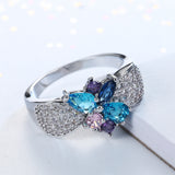 Aqua and Purple CZ Flower Cluster Pave Ring