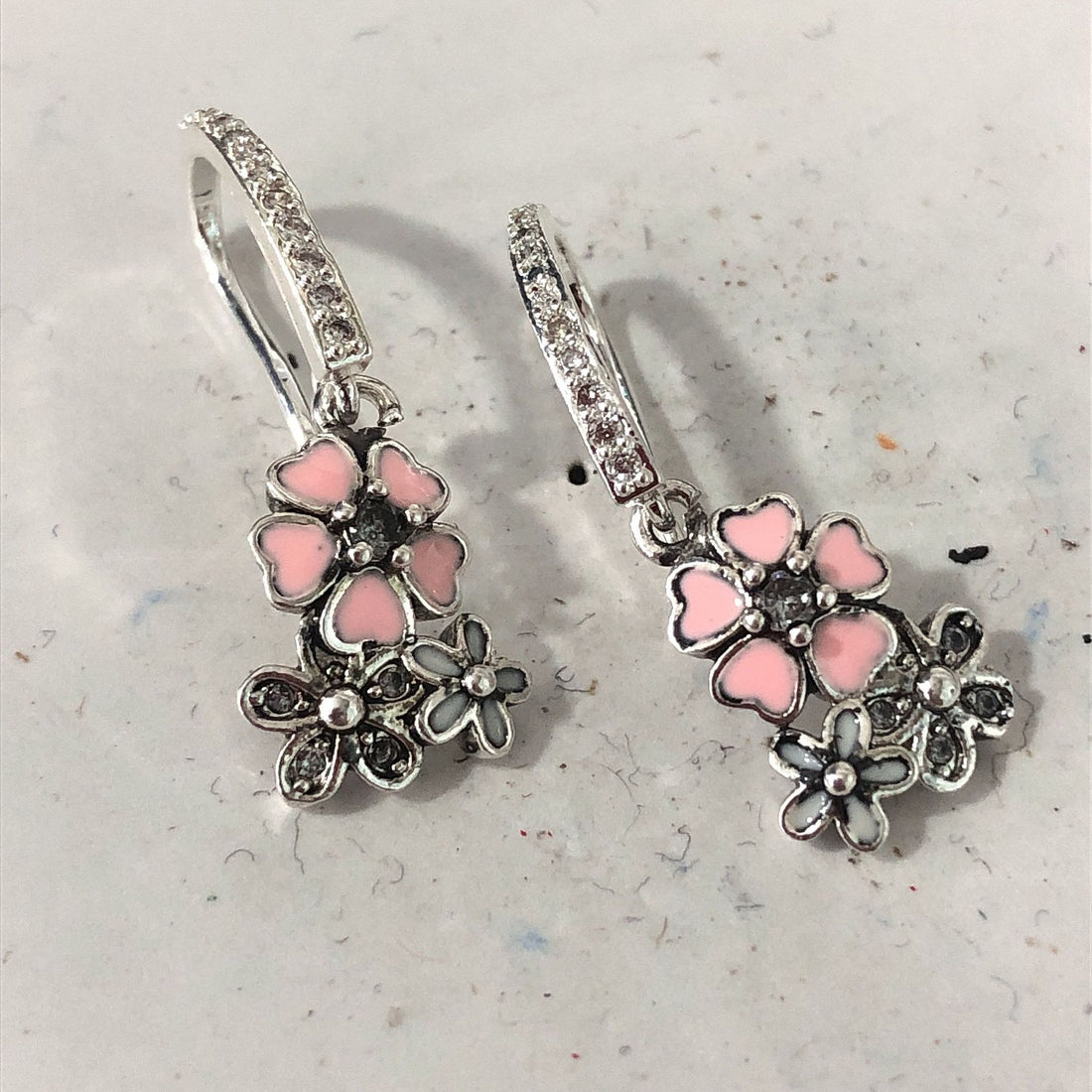Pink Enamel Daisy Cluster Huggie Drop Earrings