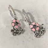 Pink Enamel Daisy Cluster Huggie Drop Earrings