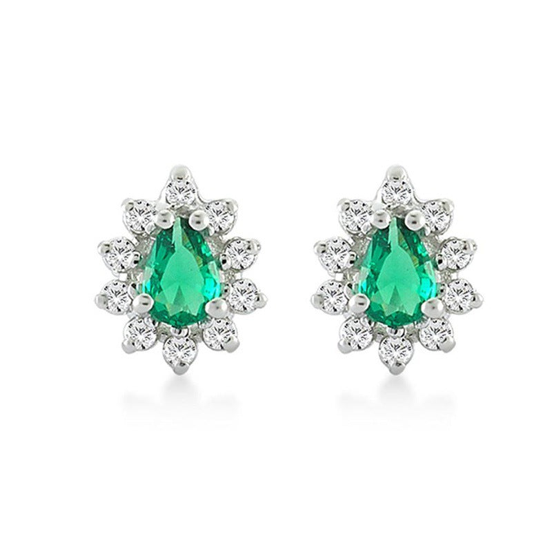 Emerald-Green Pear CZ Sunburst Halo Stud Earrings