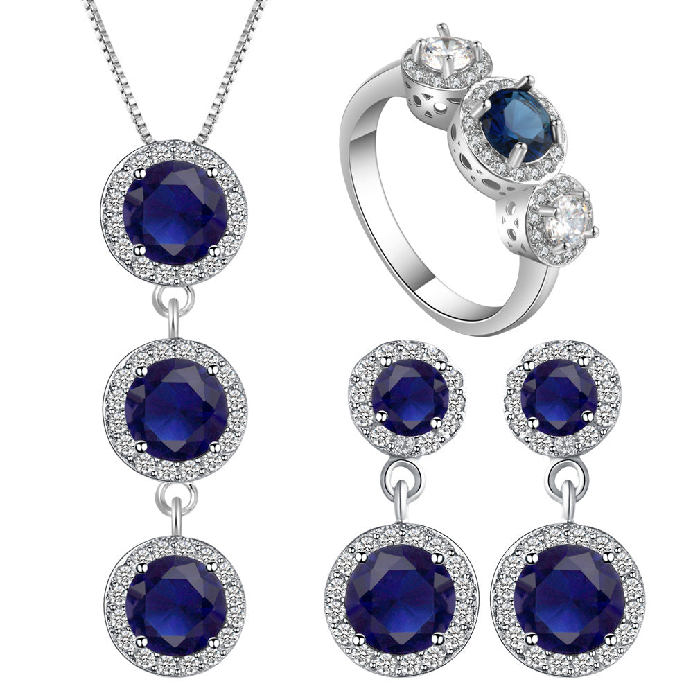 Sapphire-Blue Round CZ Halo Drop Jewelry Set
