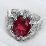 Ruby-Red Oval CZ Sunflower Halo Ring