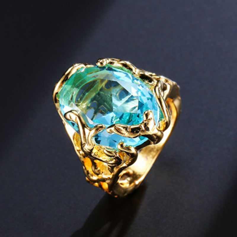 Aqua Oval CZ Molten Gold Statement Ring