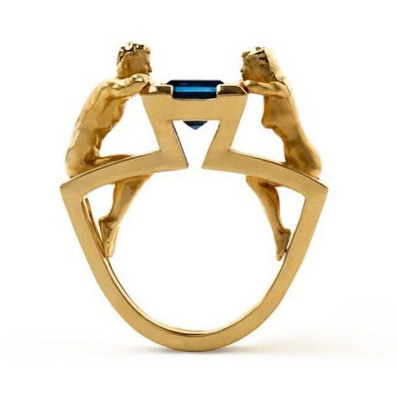 Gold Twin Figure Blue Baguette Ring