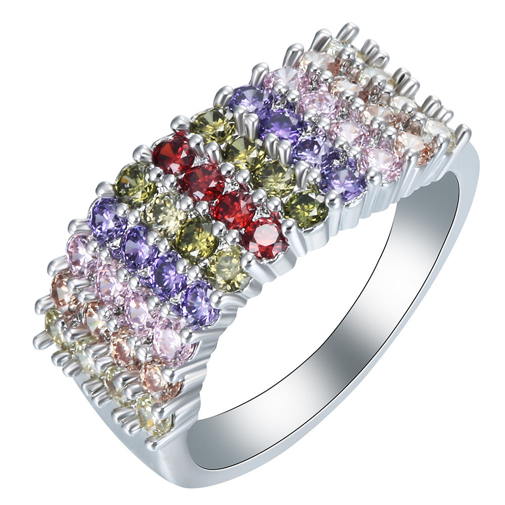 Multicolor Round CZ Four-Row Band Ring