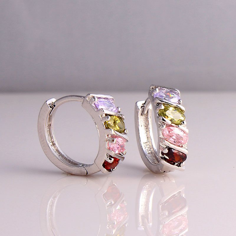 Rainbow Pear CZ Row Huggie Hoop Earrings