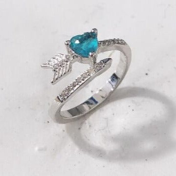 Aqua Heart CZ Cupid Arrow Wrap Ring
