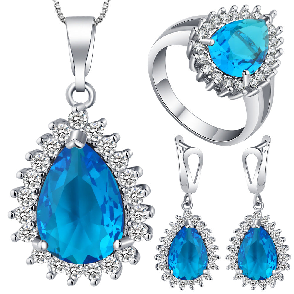 Aqua Pear CZ Halo Jewelry Set