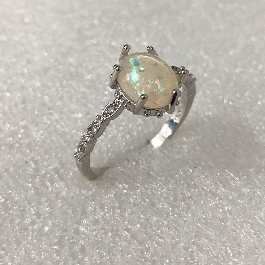 Opal-Look Round Solitaire Pavé Shank Ring