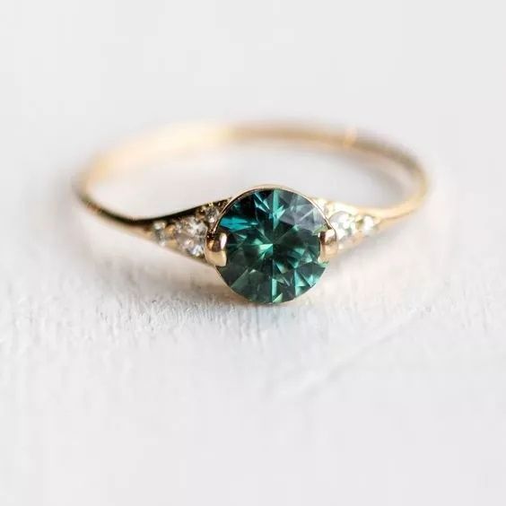Teal Round CZ Dainty Gold Solitaire Ring