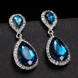 Sapphire-Blue Pear CZ Halo Drop Earrings
