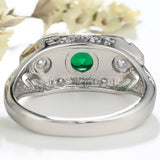 Emerald-Green Oval CZ Three-Stone Engraved Ring