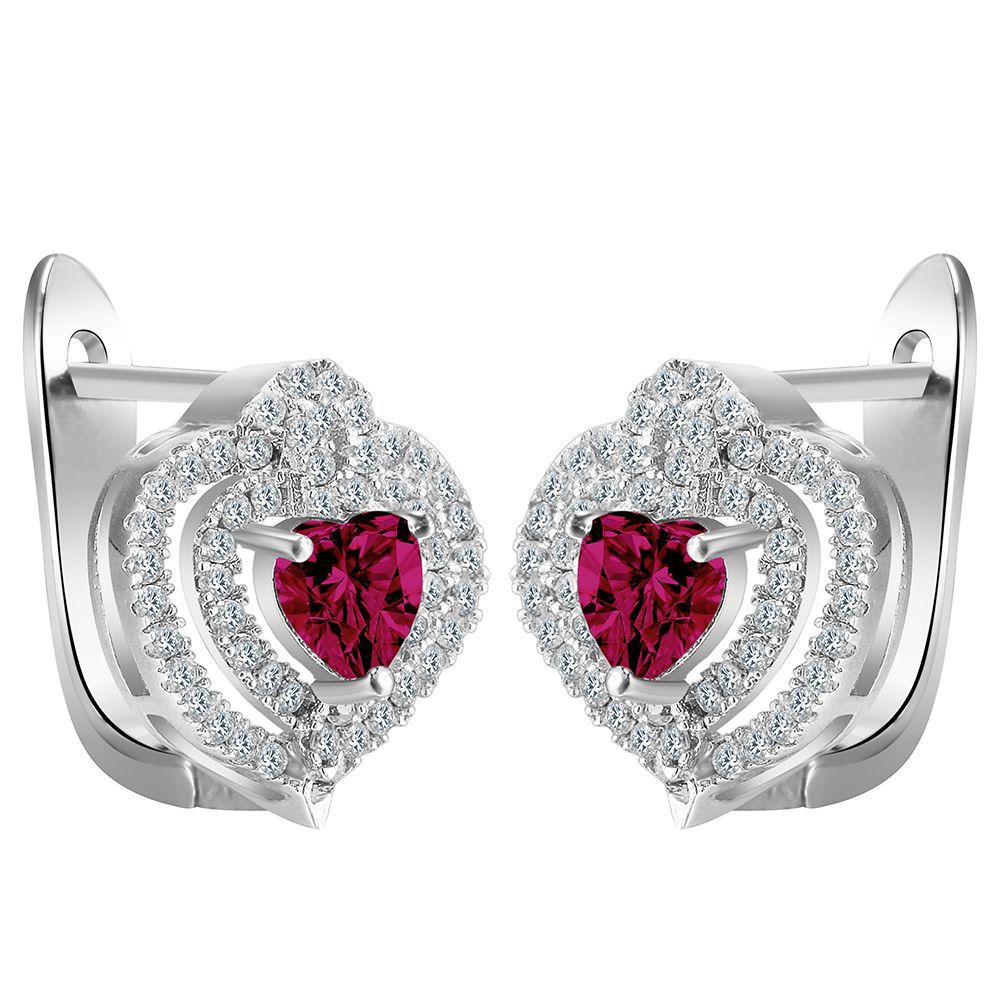 Ruby-Red Heart CZ Double-Halo Leverback Earrings