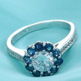 Round CZ Sapphire-Blue Flower Halo Ring