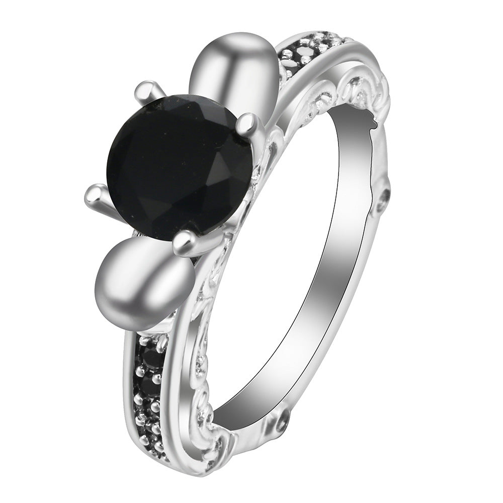 Black Round CZ Mouse-Ear Solitaire Ring
