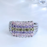 Pink Purple Olive CZ Four-Row Cluster Ring