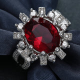 Ruby-Red Oval CZ Sunflower Halo Ring