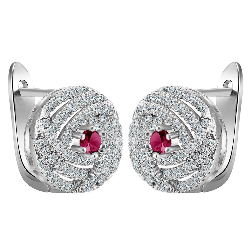 Ruby-Red CZ Spiral Pavé Disc Leverback Earrings