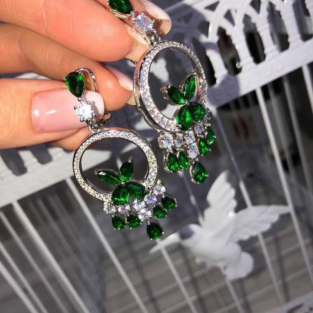 Emerald-Green CZ Leaf Circle Drop Earrings