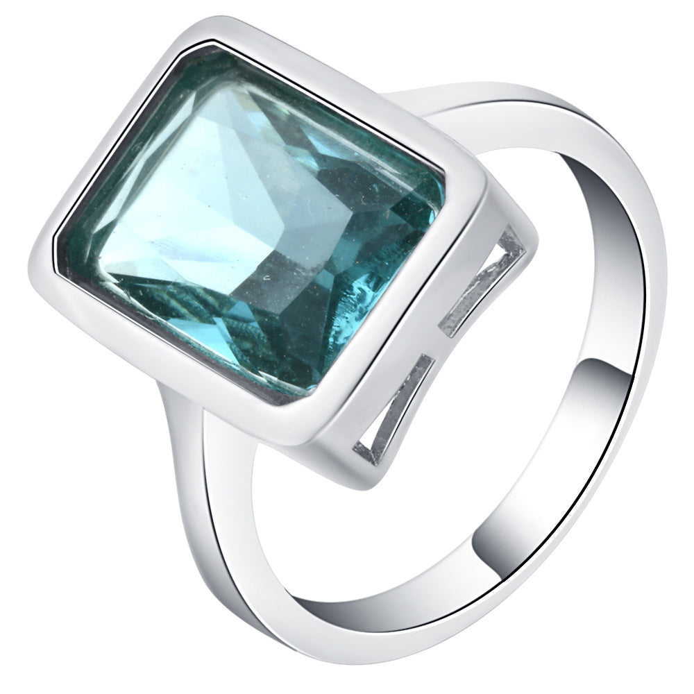 Aqua Emerald-Cut CZ Bezel Ring