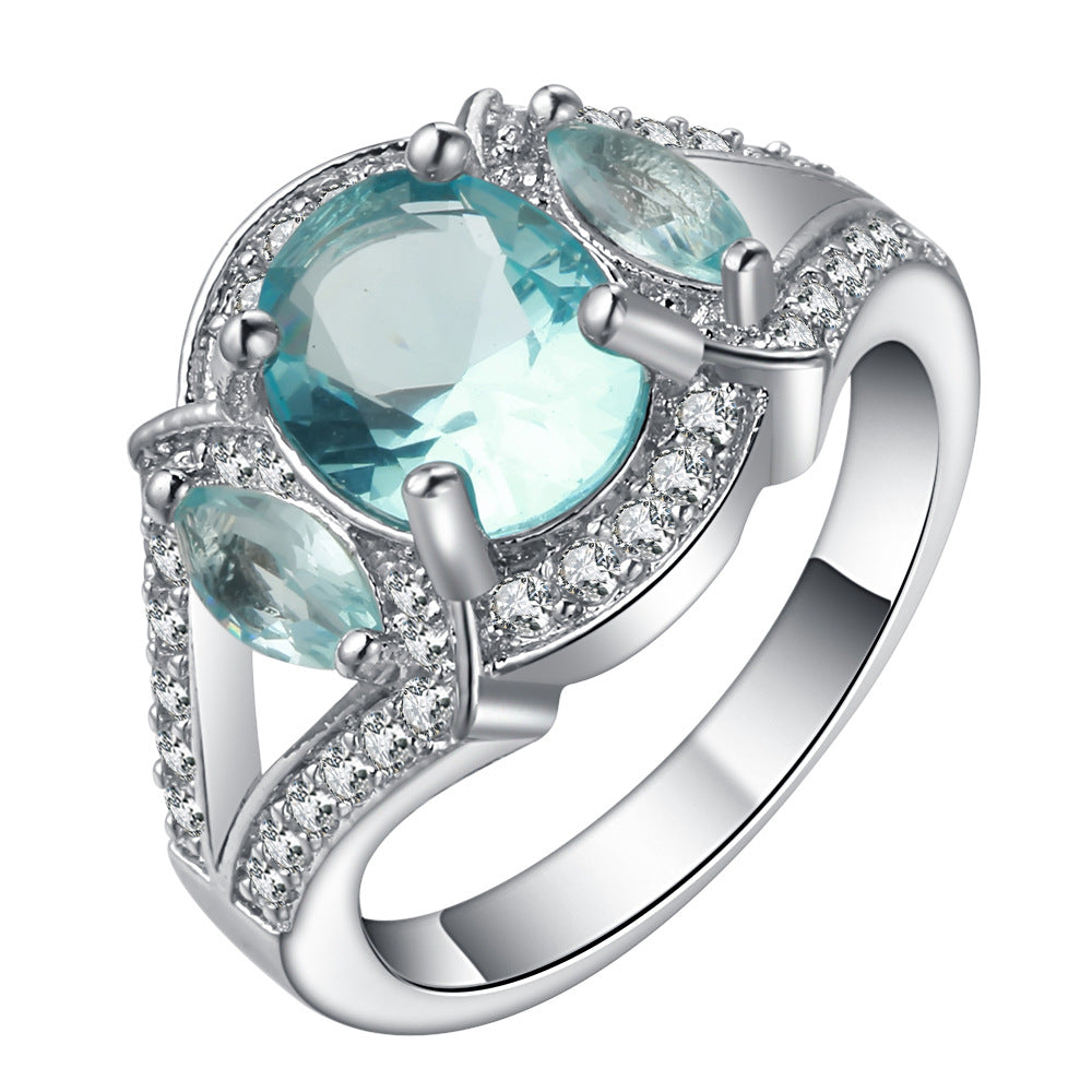 Aqua Oval CZ Three-Stone Pave Ring