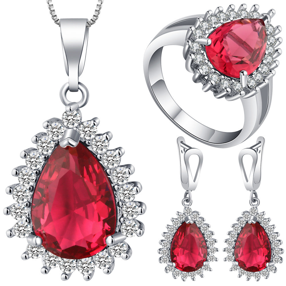 Ruby-Red Pear CZ Halo Jewelry Set