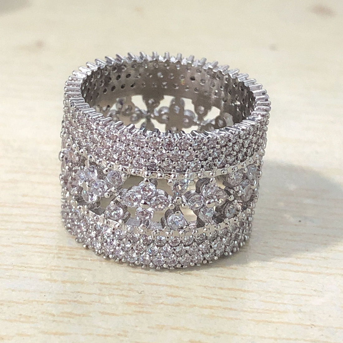 Wide Openwork CZ Pave Cigar Band Ring