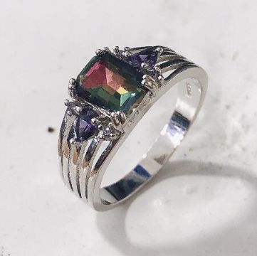 Watermelon Emerald-Cut CZ Purple Accent Ring