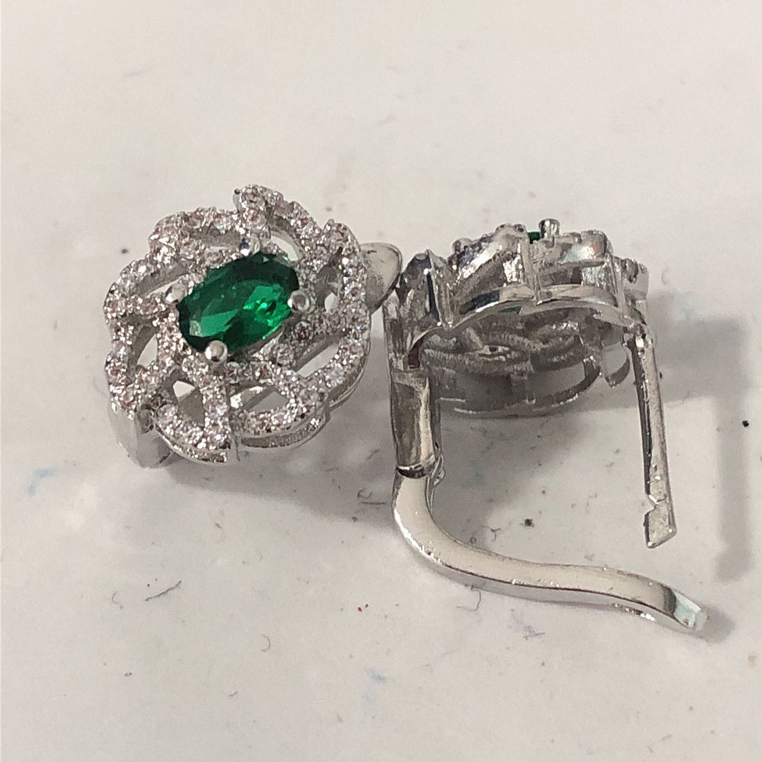 Green Oval CZ Ribbon Swirl Leverback Earrings