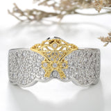Two-Tone Floral Filigree Pave Wave Ring